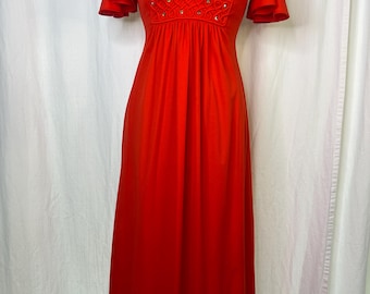 Vestido largo disco vintage de los años 70, rojo anaranjado, escote en V, cintura imperio, talla pequeña.