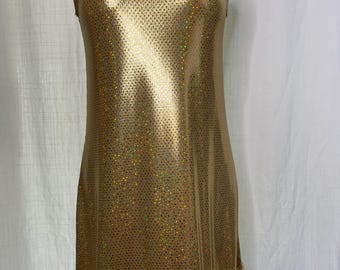 Minivestido disco de spandex con efecto holográfico dorado: flecos de pestañas, ribete de cuentas (S-M)