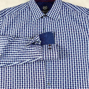 Bugatchi Uomo Blue Check Shirt with Red Trim, Multi Color Dots, Size Large