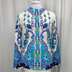 Size L Vintage 1960s Helen Sue Long Sleeve Psychedlic Print Blouse Mod Design