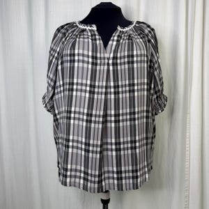 Upcycled NWT Ann Taylor Loft Black White Gray Plaid Peasant Blouse Size XL