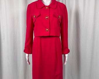 Size 6 Vintage 80s Constance Saunders Magenta Red Matching Sheath Dress & Jacket Set