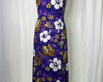 Vestido de verano vintage de los 2000 de Bali Tropical Rayon: Maxi con estampado de hibisco morado y tirantes finos