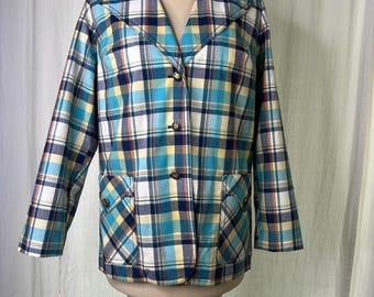 1970s Travables by Mendel Plaid Blazer: Turquoise, Navy, Gold Buttons, Size L