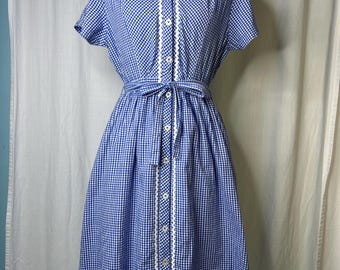 Vestido de algodón a cuadros azul marino reciclado con ribete de zigzag – Talla L