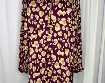 Upcycled Nine West Animal Print Long Sleeve Top in Burgandy And Tan With Vintage Wooden Beads And Buttons In Size 4X