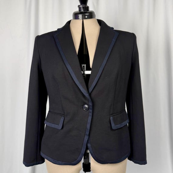 Ann Taylor, Size 10 Vintage Ann Taylor One-Button Tailored Black Blazer Preppy Blue Grosgrain Trim