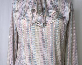 Blusa vintage Nicola de los años 90, cuello alto y volantes, color rosa pastel, azul, blanco y lavanda, talla 10.