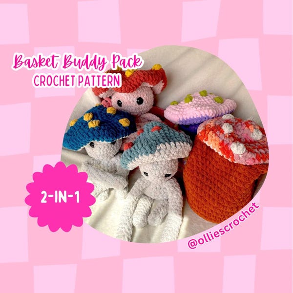 Big and Mini Mushroom Crochet Pattern, Basket Buddy Bundle, Cute Crochet Instructions, Amigurumi, Birthday Gift, Valentine’s Day Gift Ideas