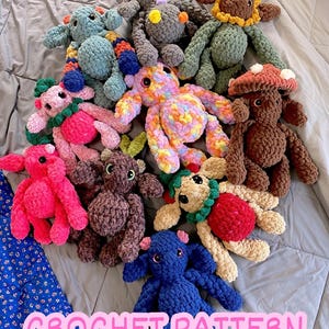 May include: A collection of colorful, handmade crochet plush toys, including animals and whimsical creatures. The toys are in various colors, such as pink, blue, green, and brown. The text "CROCHET PATTERN" is displayed across the bottom of the image.