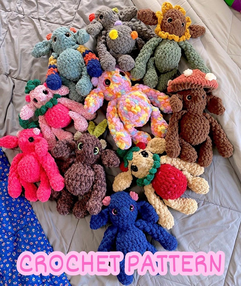 May include: A collection of colorful, handmade crochet plush toys, including animals and whimsical creatures. The toys are in various colors, such as pink, blue, green, and brown. The text "CROCHET PATTERN" is displayed across the bottom of the image.