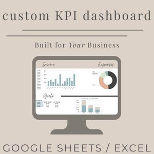 May include: A computer monitor displaying a custom KPI dashboard. The screen shows charts and graphs for income, expenses, and goals. Text on the screen includes "Built for Your Business" and "GOOGLE SHEETS / EXCEL."