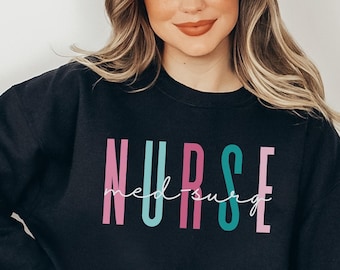 Medical Surgical Nurse Sweatshirt, Pink and Teal Med-Surg RN Pullover Long Sleeved Shirt, Colorful Simple RN Sweatshirt, Gift For Bedside RN