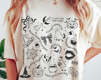 Halloween Doodles Mental Health Shirt, Comfort Colors® Halloween Kindness Shirt, Spooky Teacher Positivity Shirt Trick or Treat School Shirt