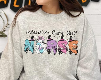 Halloween ICU Sweatshirt, ICU Nurse Sweatshirt, Cute Spooky Intensive Care Unit Crewneck Sweatshirt Critical Care Nurse Apparel Boo Boo Crew