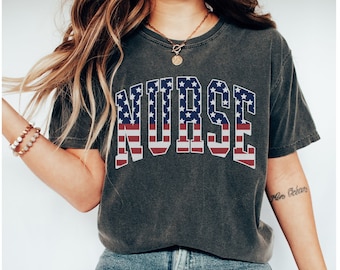 4th of July Comfort Colors® Nurse Shirt, All American Nurse Shirt, Independence Day Flag Nurse Shirt, Letterman Athletic Block Nurse Shirt