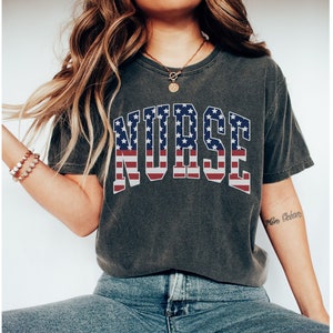 4th of July Comfort Colors® Nurse Shirt, All American Nurse Shirt, Independence Day Flag Nurse Shirt, Letterman Athletic Block Nurse Shirt