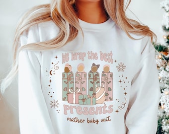Sudadera navideña para la unidad de madre e hijo, sudadera navideña para enfermera de la unidad de maternidad, sudadera con cuello redondo para enfermera de guardería.