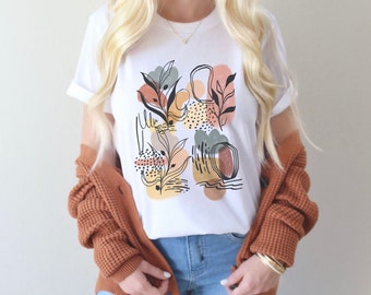 Abstract Shapes Boho Shirt, Scandi Botanical Graphic Tee, Abstract Earth Tones Shirt, Plant Lady Sweatshirt, Leaf Hand Drawn Doodles