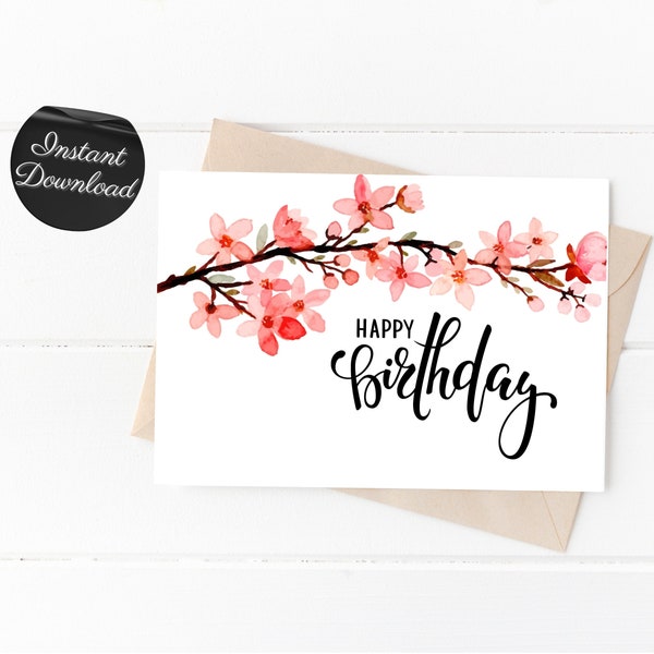 Pink Cherry Blossom Printable Happy Birthday Card, Last Minute Birthday Gift For Her, Instant Download Print At Home Blank Greeting Card