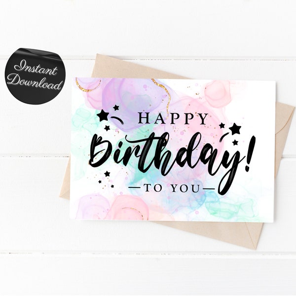 Pastel Colored Printable Happy Birthday Card, Alcohol Ink Abstract Print At Home Birthday Card For Girl, Colorful Blank Greeting Card