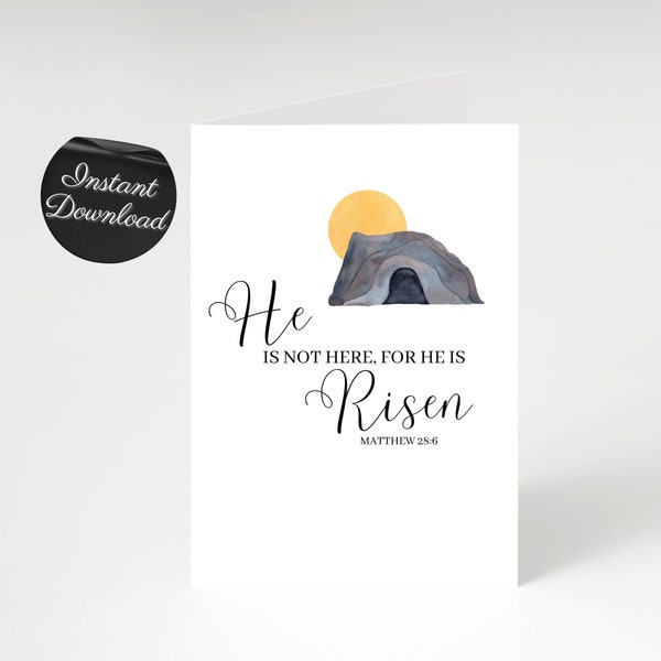 He Is Risen Printable Easter Card, Watercolor Happy Easter Greeting Card, Scripture Card, Simple Bible Verse Printable Digital Download Card