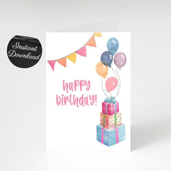 Printable Colorful Birthday Card For Friend Child Coworker, Simple Downloadable Birthday Card 4x6 5x7 PDF JPG Print At Home B-day Card