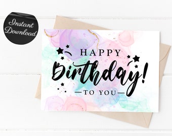 Pastel Colored Printable Happy Birthday Card, Alcohol Ink Abstract Print At Home Birthday Card For Girl, Colorful Blank Greeting Card