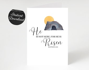 He Is Risen Printable Easter Card, Watercolor Happy Easter Greeting Card, Scripture Card, Simple Bible Verse Printable Digital Download Card