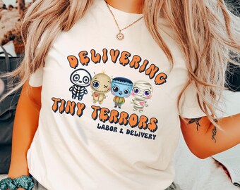 Camiseta de Halloween de parto y alumbramiento, camiseta espeluznante de Halloween para enfermeras de parto y alumbramiento, camiseta de enfermeras obstétricas, camisetas grupales de enfermeras obstétricas, ropa de enfermera de Halloween