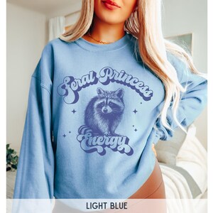 Feral Princess Energy Sweatshirt, Vintage Raccoon Sweatshirt, Passenger Princess Crewneck Sweatshirt, Retro Raccoon Funny Sweatshirt Light Blue