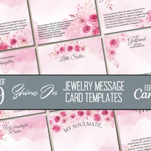 Paquete de plantillas de tarjetas de mensajes de joyería ShineOn, tarjeta de mensajes ShineOn floral de rosa melocotón, tarjetas de joyería personalizadas, plantillas Canva editables