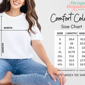 May include: Size chart for a unisex t-shirt, showing measurements in inches for sizes S through 4XL. The chart shows the length and width of the shirt in inches.