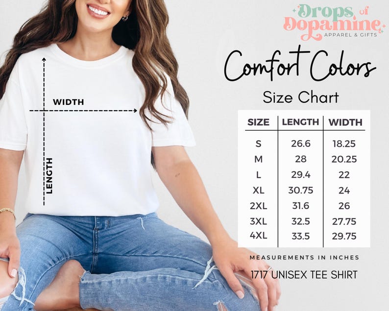 May include: Size chart for a unisex t-shirt, showing measurements in inches for sizes S through 4XL. The chart shows the length and width of the shirt in inches.