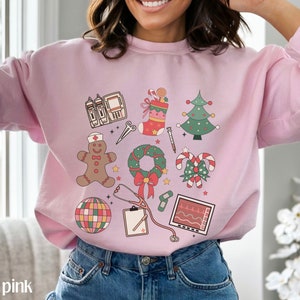 Christmas Nurse Sweatshirt, Medical Christmas Sweatshirt, ER Nurse Crewneck Sweatshirt, Telemetry Nurse Sweatshirt, Emergency Squad Sweater Light Pink