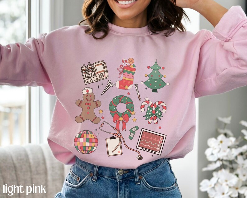 Christmas Nurse Sweatshirt, Medical Christmas Sweatshirt, ER Nurse Crewneck Sweatshirt, Telemetry Nurse Sweatshirt, Emergency Squad Sweater Light Pink