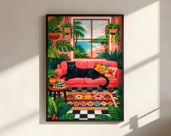 Colorful Black Panther Wall Art Print, Dopamine Decor, Pink Couch Living Room Art, Tropical Beach Window, Maximalist Animal Printable