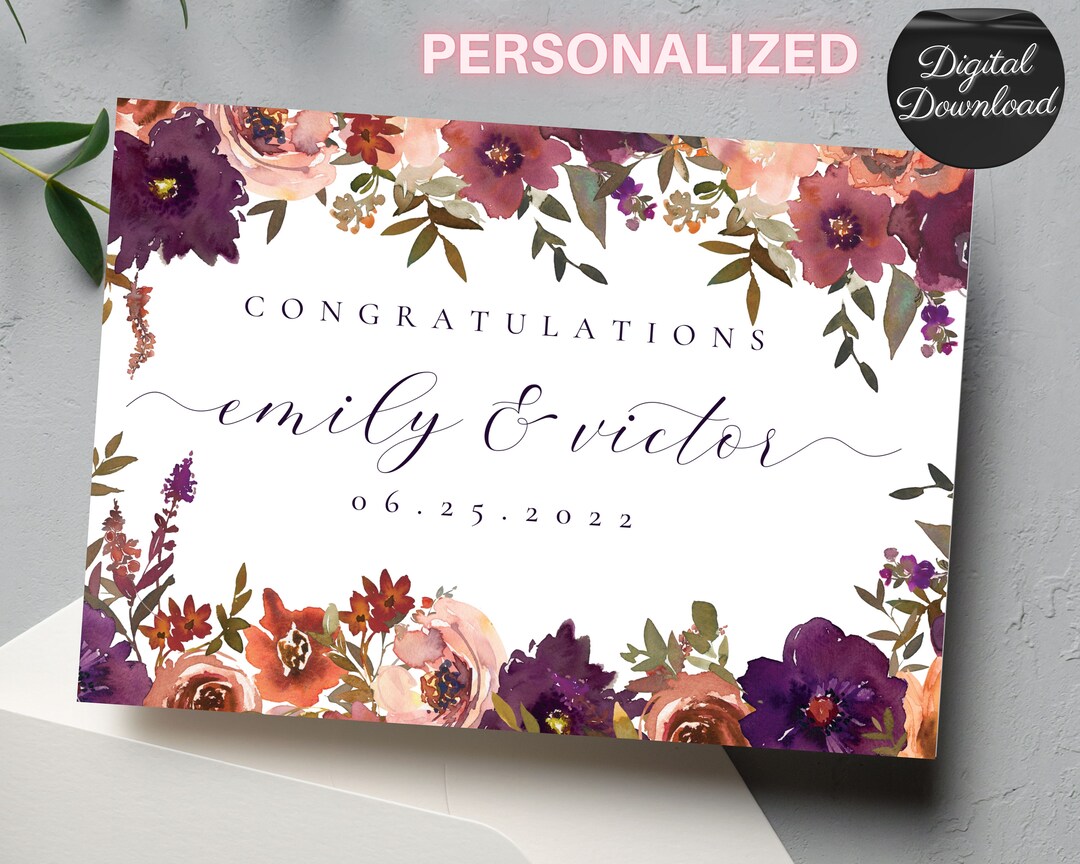 Personalized Printable Burgundy Bouquet Wedding Card, Customized ...