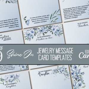 Lot de modèles de cartes à message pour bijoux ShineOn, carte à message ShineOn à fleurs bleu poudré, cartes pour bijoux personnalisées, modèles sur toile modifiables