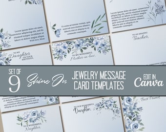 ShineOn Jewelry Message Card Template Bundle, Dusty Blue Floral ShineOn Message Card, Custom Jewelry Cards, Editable Canva Templates