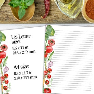May include: Printable lined paper with a watercolor illustration of tomatoes, onions, and herbs. The paper is available in US Letter size (8.5 x 11 inches, 216 x 279 mm) and A4 size (8.3 x 11.7 inches, 210 x 297 mm).