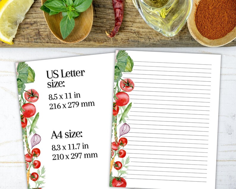 May include: Printable lined paper with a watercolor illustration of tomatoes, onions, and herbs. The paper is available in US Letter size (8.5 x 11 inches, 216 x 279 mm) and A4 size (8.3 x 11.7 inches, 210 x 297 mm).