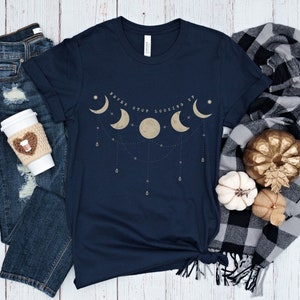 Moon Phase Shirt, Celestial Pendant Crescent Moon Shirt, Outer Space Inspirational Quote Tee, Never Stop Looking Up Shirt, Astrology Tee Navy