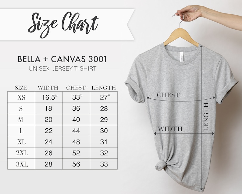 Op de afbeelding: Maattabel voor een unisex jersey t-shirt van Bella + Canvas 3001. De tabel toont de maat, de breedte in inches, de borst in inches en de lengte in inches.