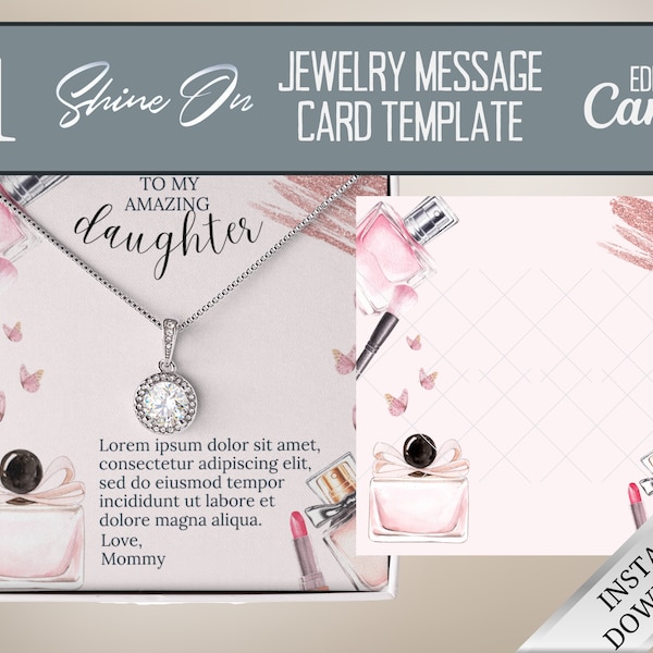 Pink Girly Makeup ShineOn Message Card Template, Editable In Canva Necklace Message Card For POD Jewelry Sellers, ShineOn Canva Template