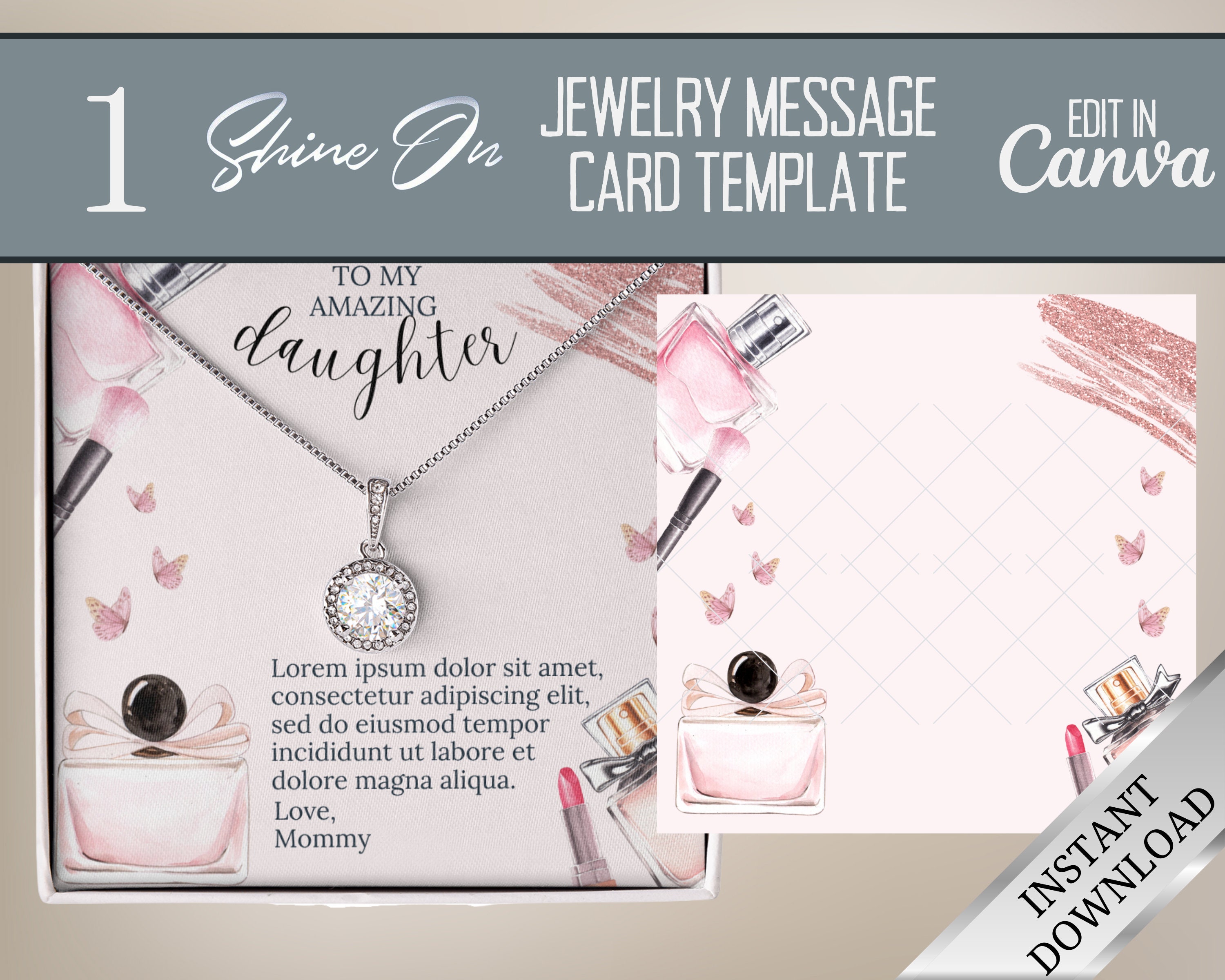 Pink Girly Makeup ShineOn Message Card Template, Editable In Canva Necklace Message Card For POD Jewelry Sellers, ShineOn Canva Template