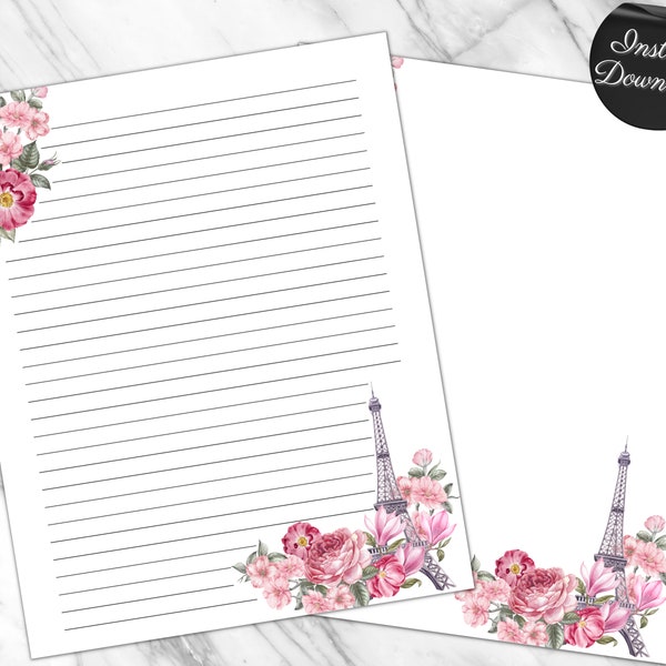 Papier stationnaire de la tour Eiffel, papier à lettres imprimable Paris France, papier à lettres ligné floral rose papier de journalisation non ligné pour elle