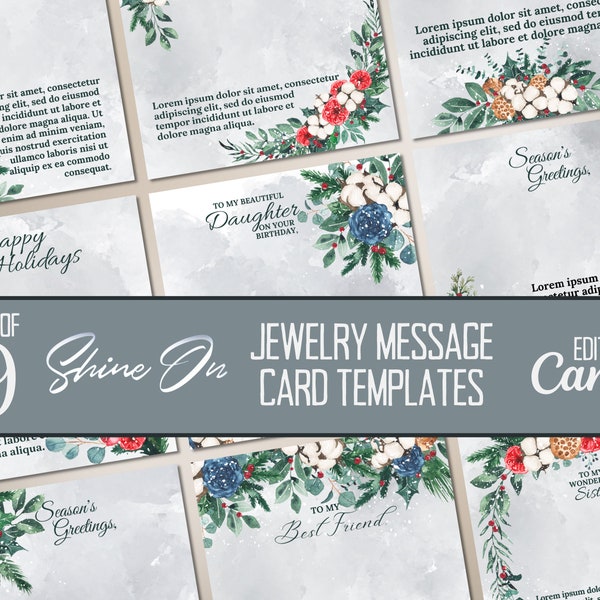 Christmas Floral ShineOn Message Card Templates, Editable Canva Templates For Jewelry Message Cards, Customizable in Canva Necklace Cards