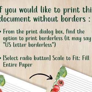 May include: Instructions on how to print a document without borders. The text explains how to find the borderless print option in the print dialog box and how to select the "Scale to Fit: Fill Entire Paper" option.