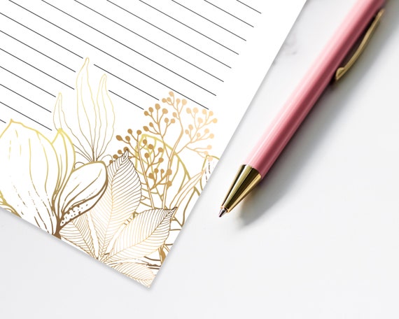 Gold and White Floral Printable Stationary Paper, Aesthetic Lined Journaling  Paper, Pretty Gold Flower Instant Download Writing Paper PDF 